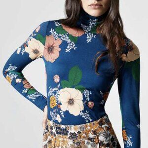 Smythe Top Womens Medium Blue Floral Stretch Turtleneck Fitted Layering Designer
